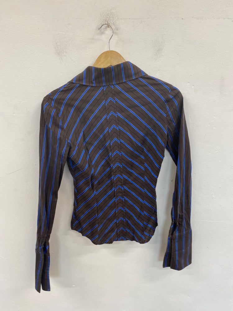 Classic Karen Millen Button-up Shirt UK8 Brown & Blue Pinstripe JB006