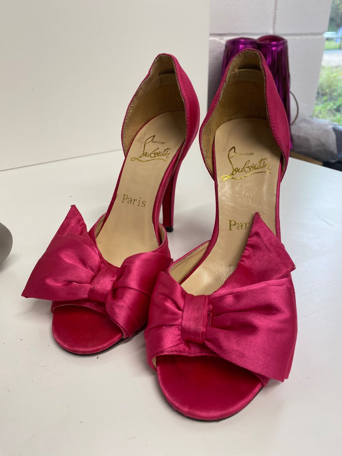 Classic Christian Louboutin High-heeled shoes UK3 Pink satin peep toe Bow BT001