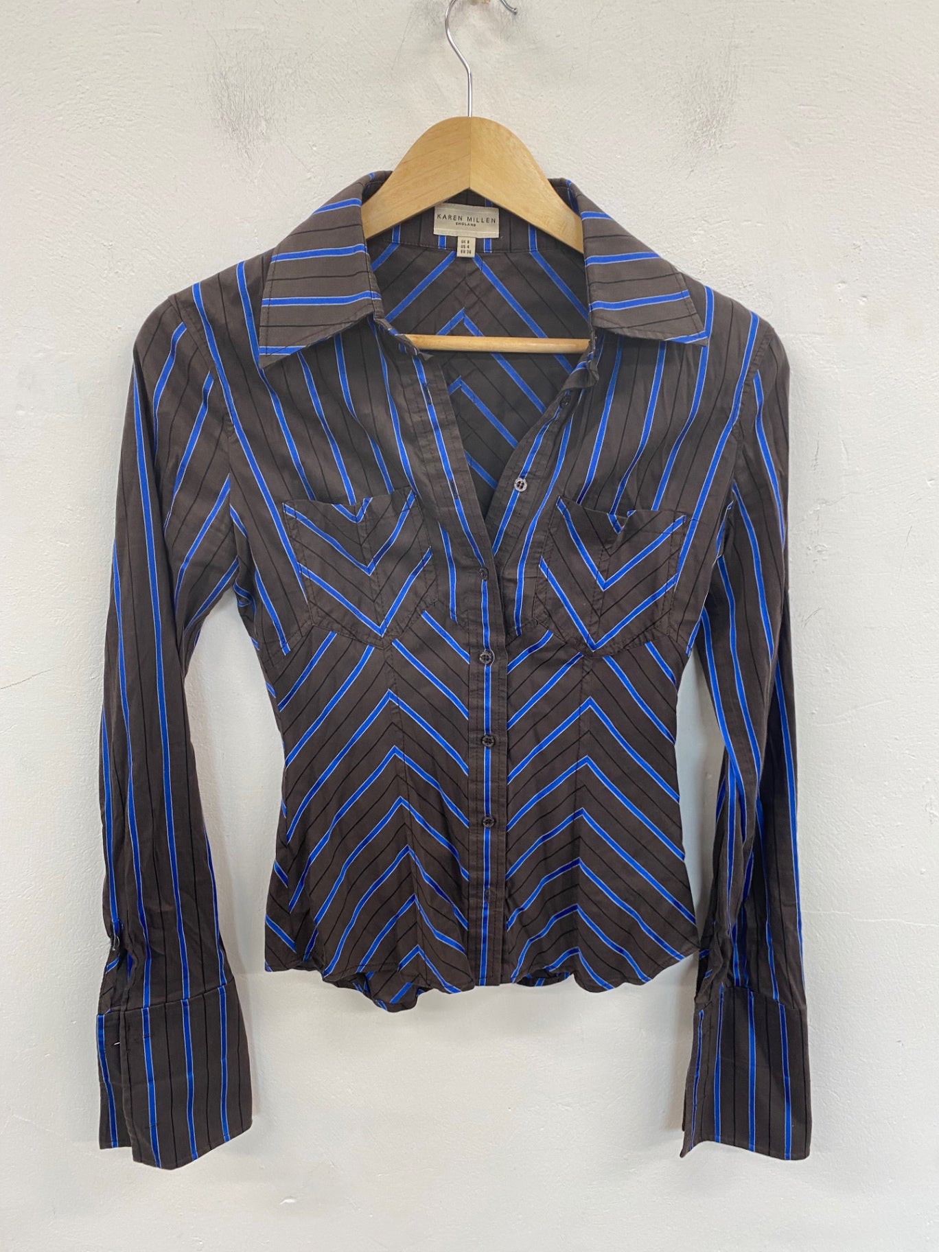 Classic Karen Millen Button-up Shirt UK8 Brown & Blue Pinstripe JB006