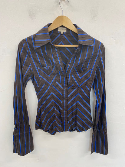 Classic Karen Millen Button-up Shirt UK8 Brown & Blue Pinstripe JB006