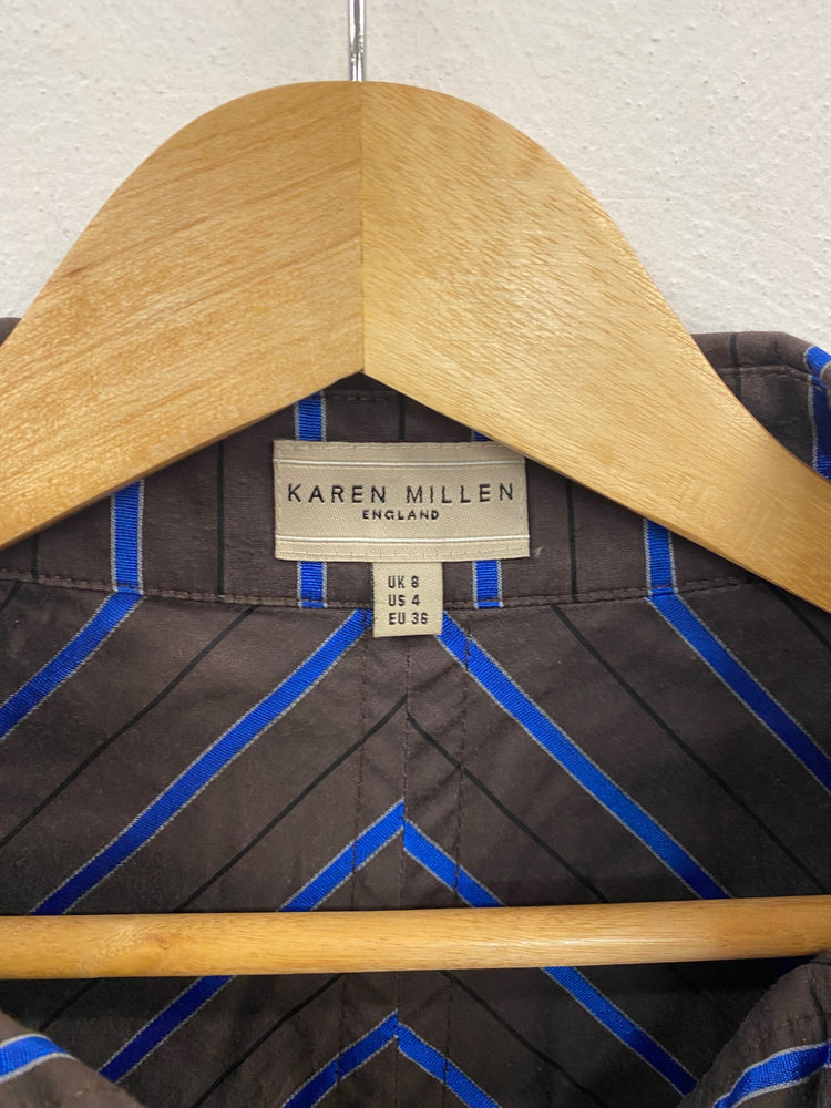 Classic Karen Millen Button-up Shirt UK8 Brown & Blue Pinstripe JB006