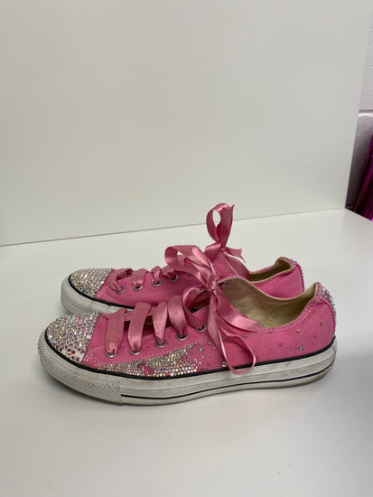 Fabulous Converse Swarovski customs Sneakers Uk8 Pink & silver with Ribbons LK006