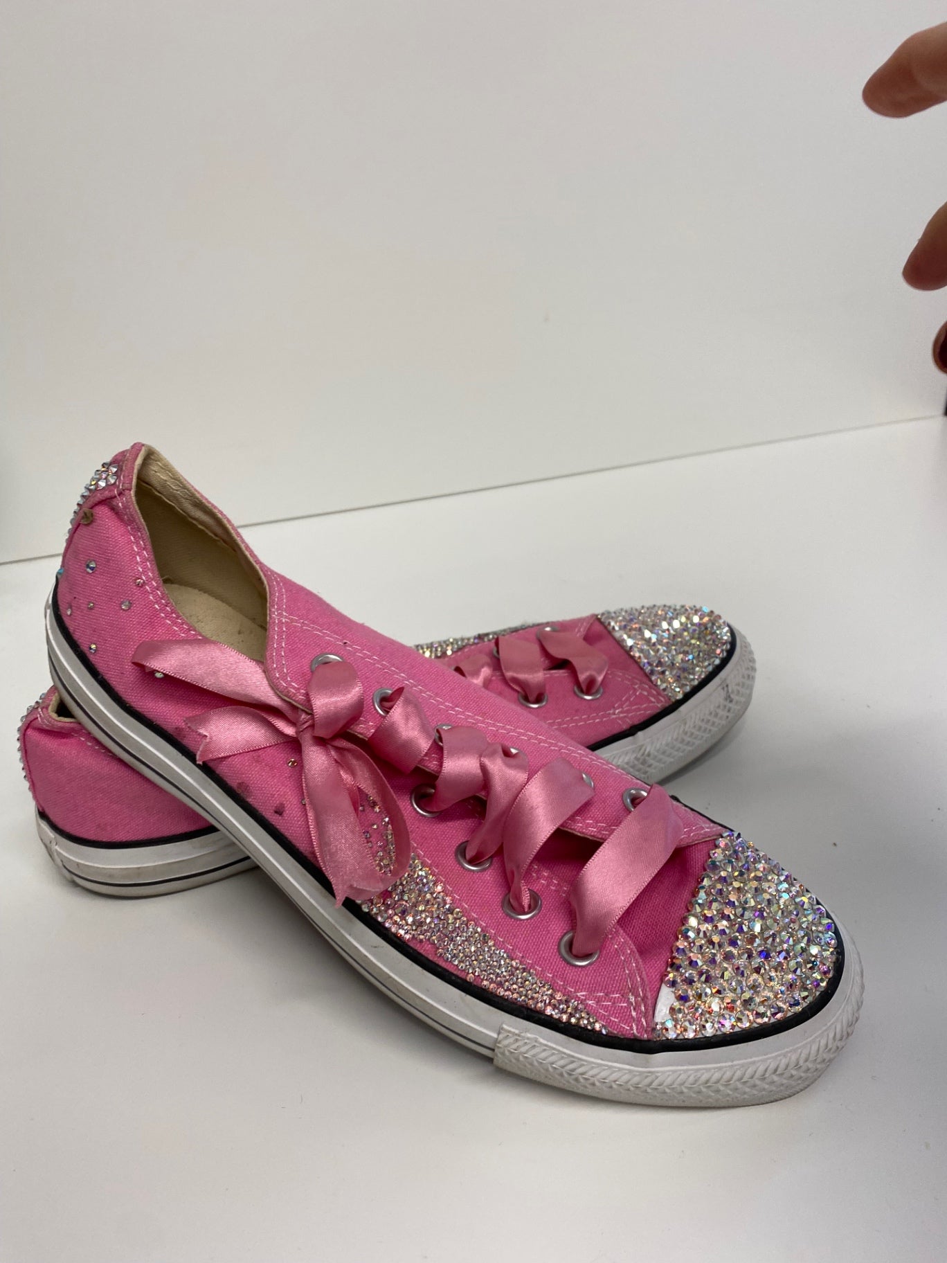 Fabulous Converse Swarovski customs Sneakers Uk8 Pink & silver with Ribbons LK006