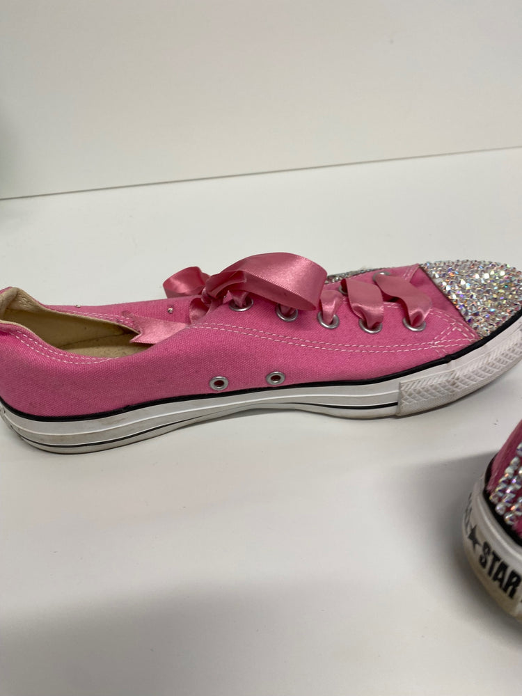 Fabulous Converse Swarovski customs Sneakers Uk8 Pink & silver with Ribbons LK006