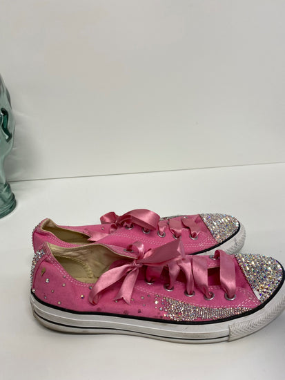 Fabulous Converse Swarovski customs Sneakers Uk8 Pink & silver with Ribbons LK006