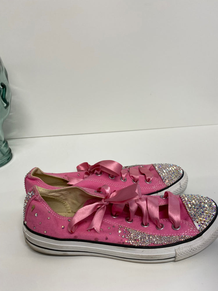 Fabulous Converse Swarovski customs Sneakers Uk8 Pink & silver with Ribbons LK006