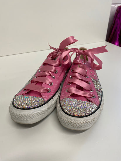 Fabulous Converse Swarovski customs Sneakers Uk8 Pink & silver with Ribbons LK006