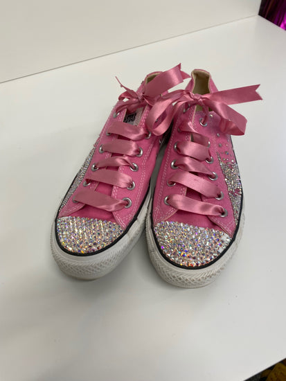 Fabulous Converse Swarovski customs Sneakers Uk8 Pink & silver with Ribbons LK006