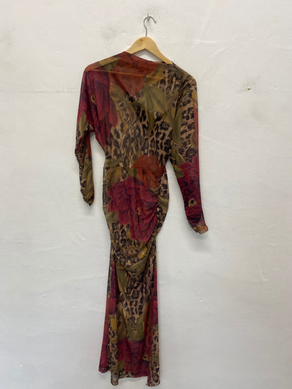 Fabulous Kew next collection semi sheer Maxi Dress UK6 Khaki burgundy VT002