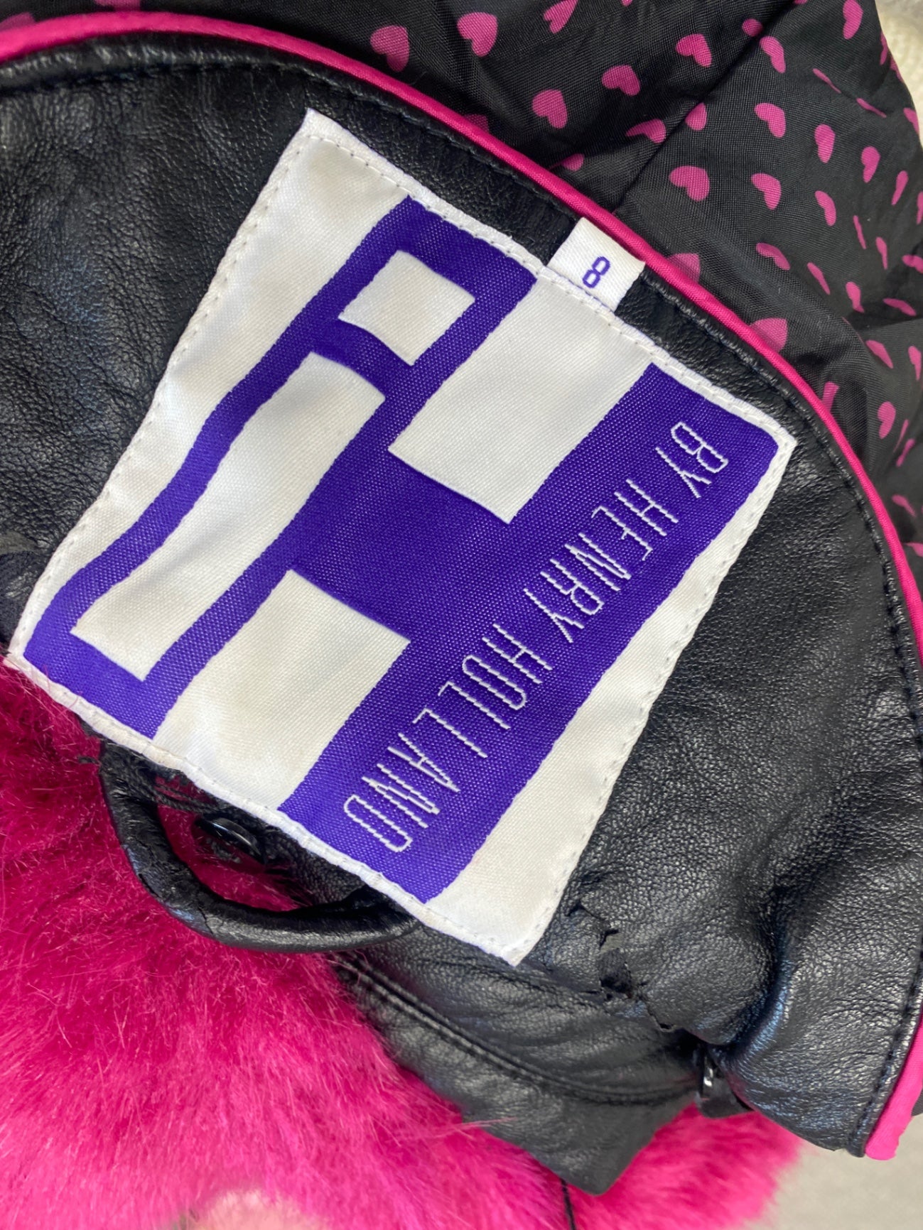 Fabulous H By Henry holland Leather Jacket UK8 Black pink fur collar GC003