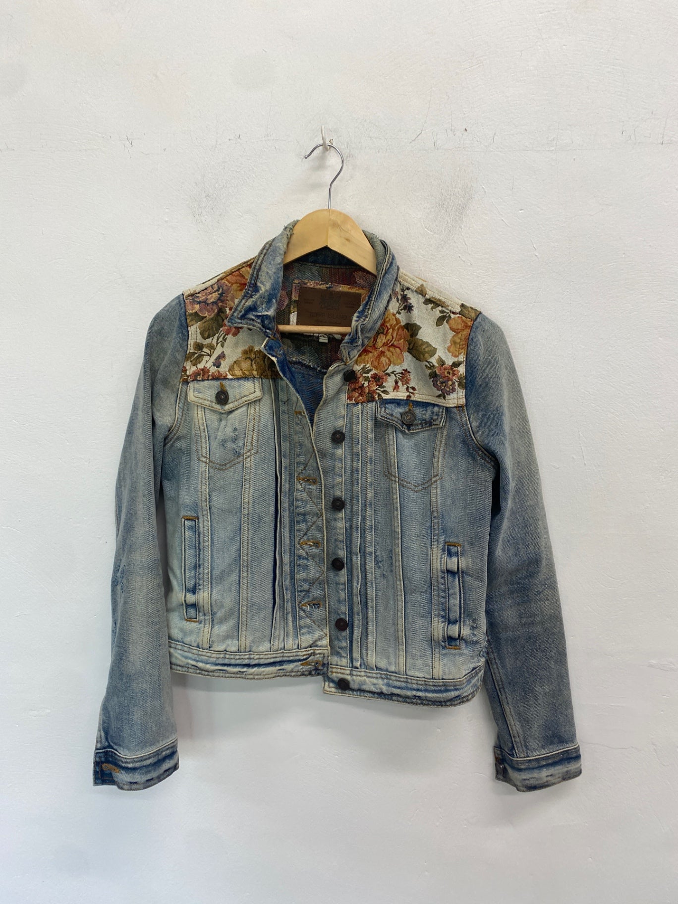 Fabulous River Island Denim Jacket UK10 Blue Floral festival AM013