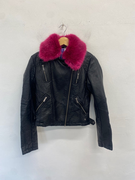 Fabulous H By Henry holland Leather Jacket UK8 Black pink fur collar GC003