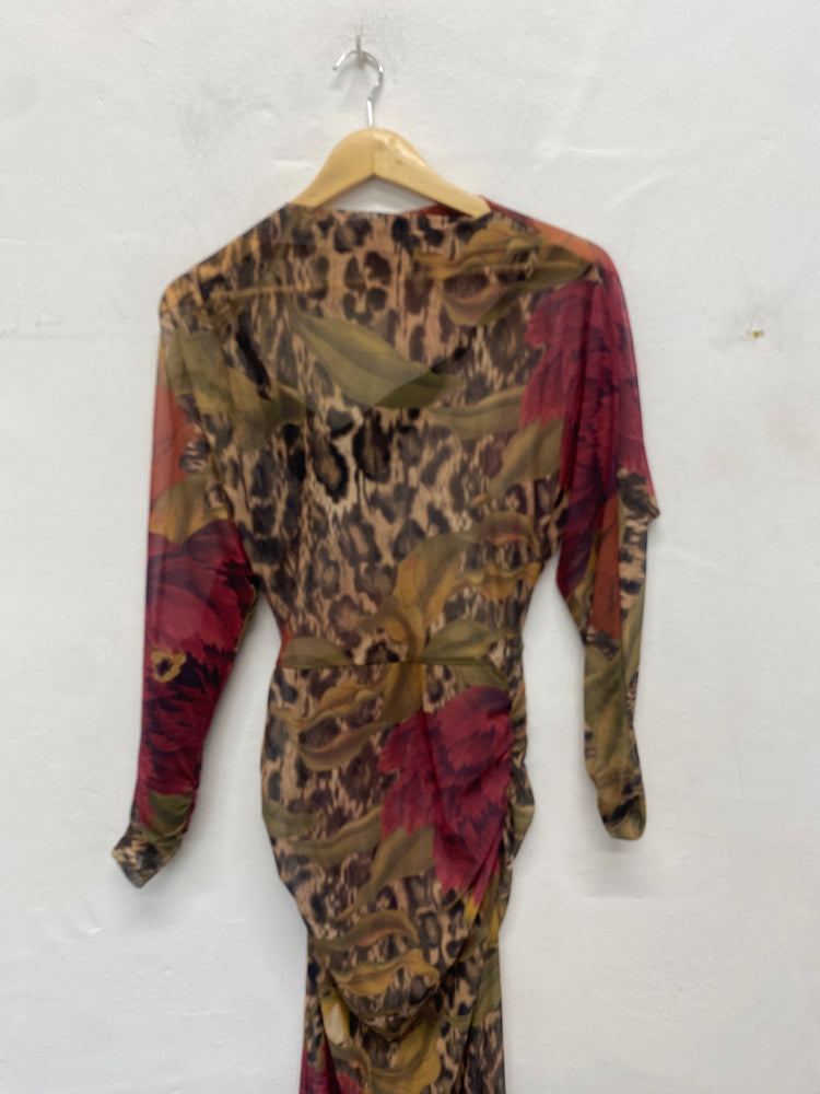 Fabulous Kew next collection semi sheer Maxi Dress UK6 Khaki burgundy VT002