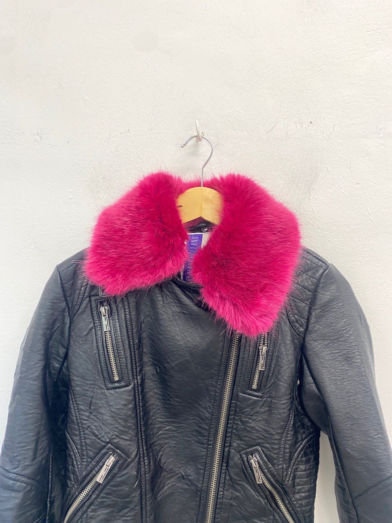 Fabulous H By Henry holland Leather Jacket UK8 Black pink fur collar GC003