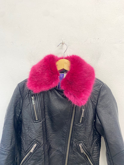 Fabulous H By Henry holland Leather Jacket UK8 Black pink fur collar GC003