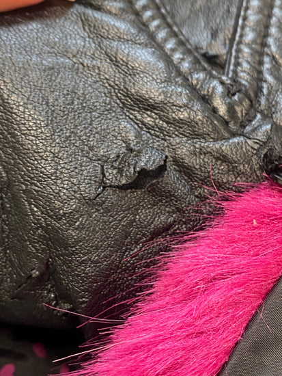 Fabulous H By Henry holland Leather Jacket UK8 Black pink fur collar GC003