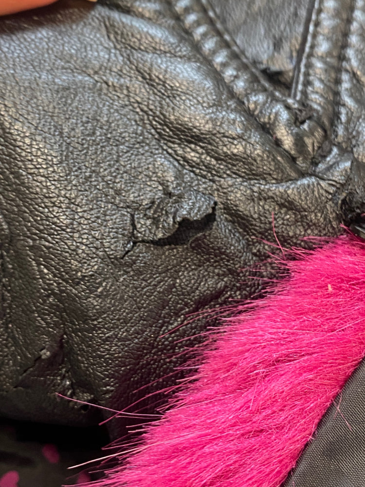 Fabulous H By Henry holland Leather Jacket UK8 Black pink fur collar GC003