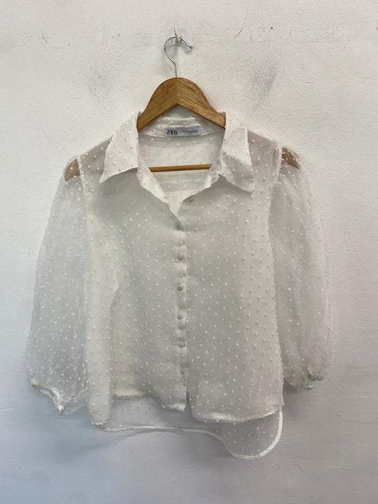 Gorgeous Zara Blouse UK XXL White spotted semi sheer DF001