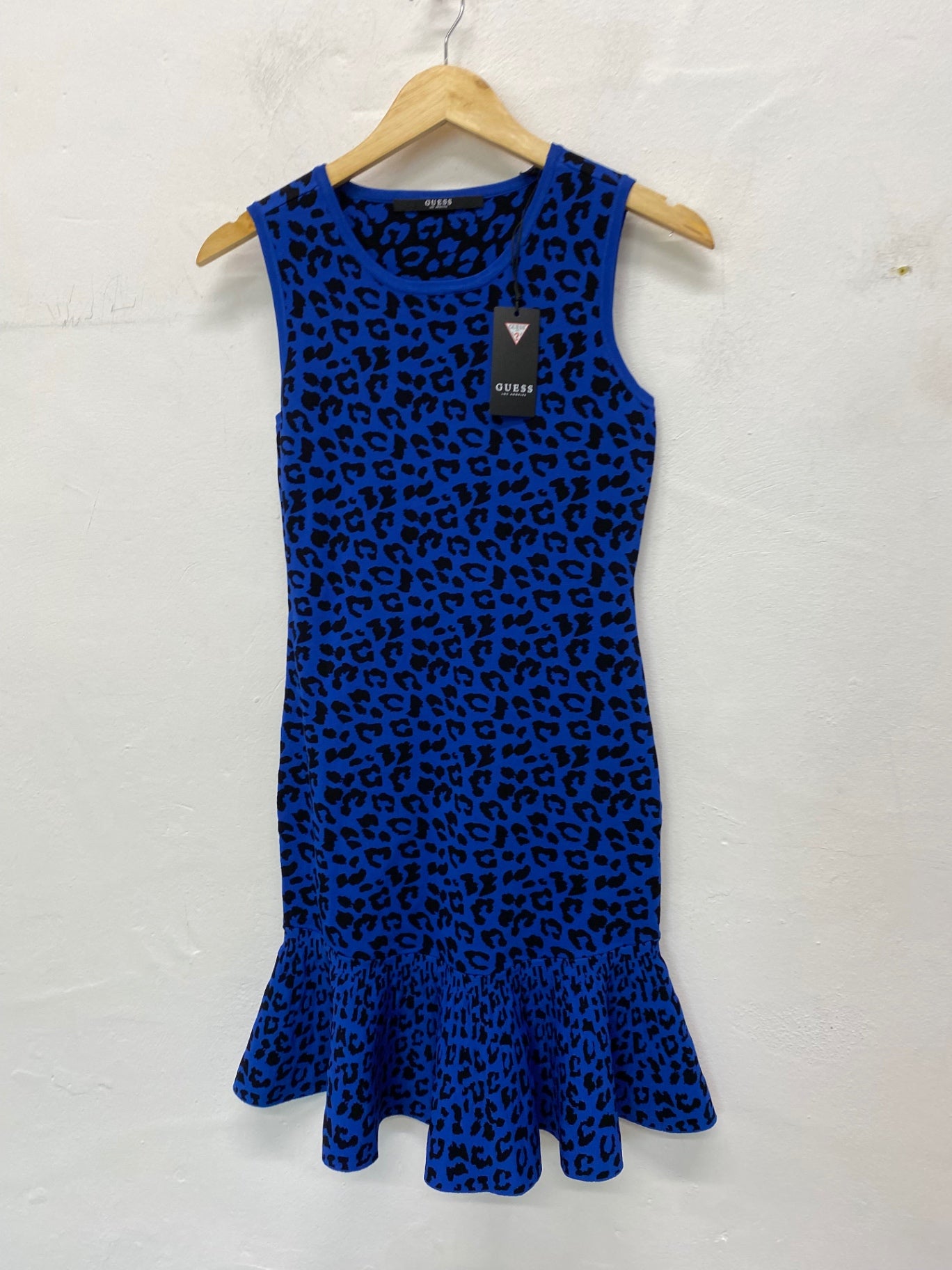 Gorgeous Guess leopard Dress Uk 4 Blue & Black Rara SL002