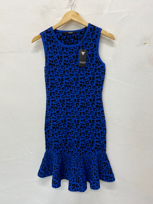 Gorgeous Guess leopard Dress Uk 4 Blue & Black Rara SL002