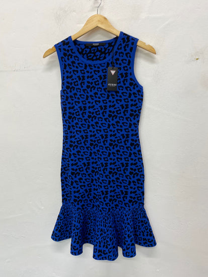 Gorgeous Guess leopard Dress Uk 4 Blue & Black Rara SL002