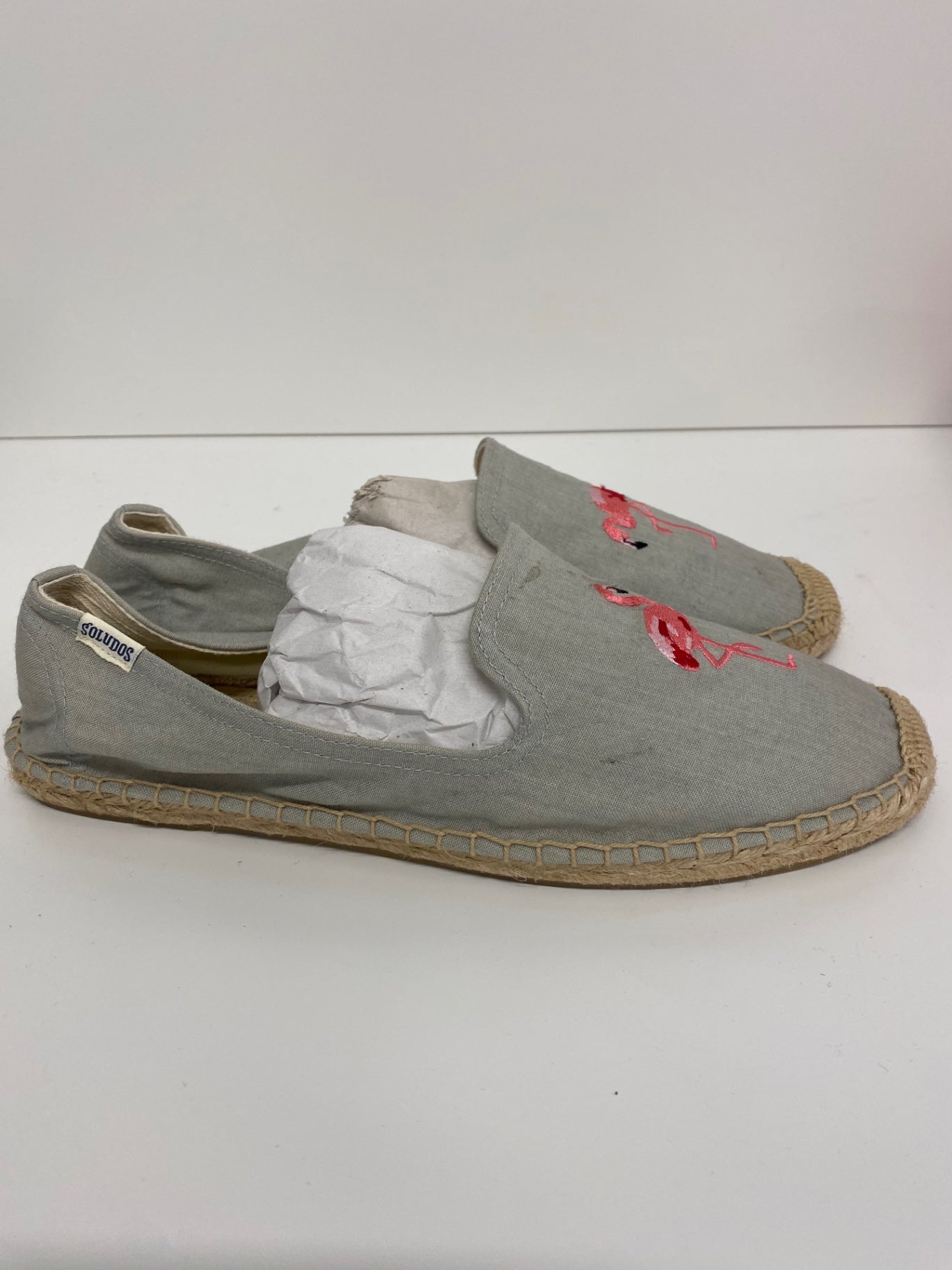 Gorgeous Soludos Espadrilles Uk8 Soft grey blue with Pink Flamingos LB006