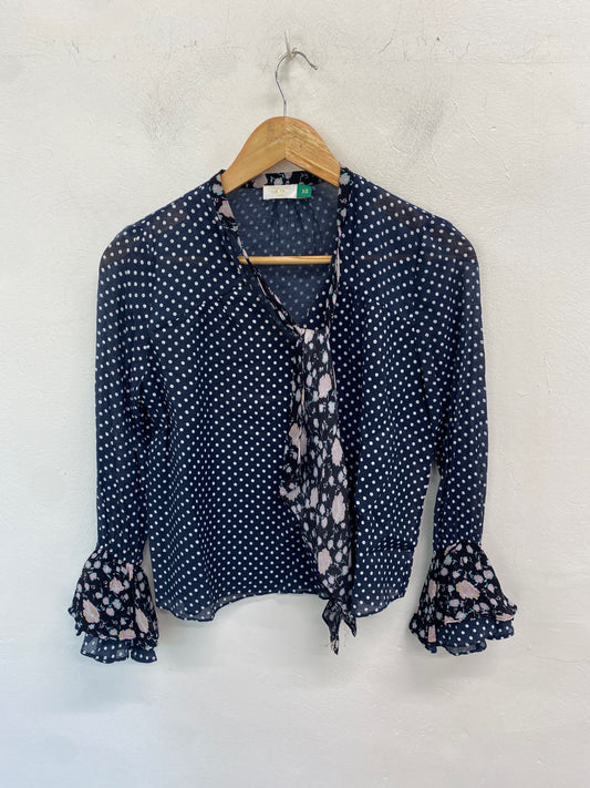 Gorgeous Rixo Blouse UK XS Navy spotted pussy bow LB006
