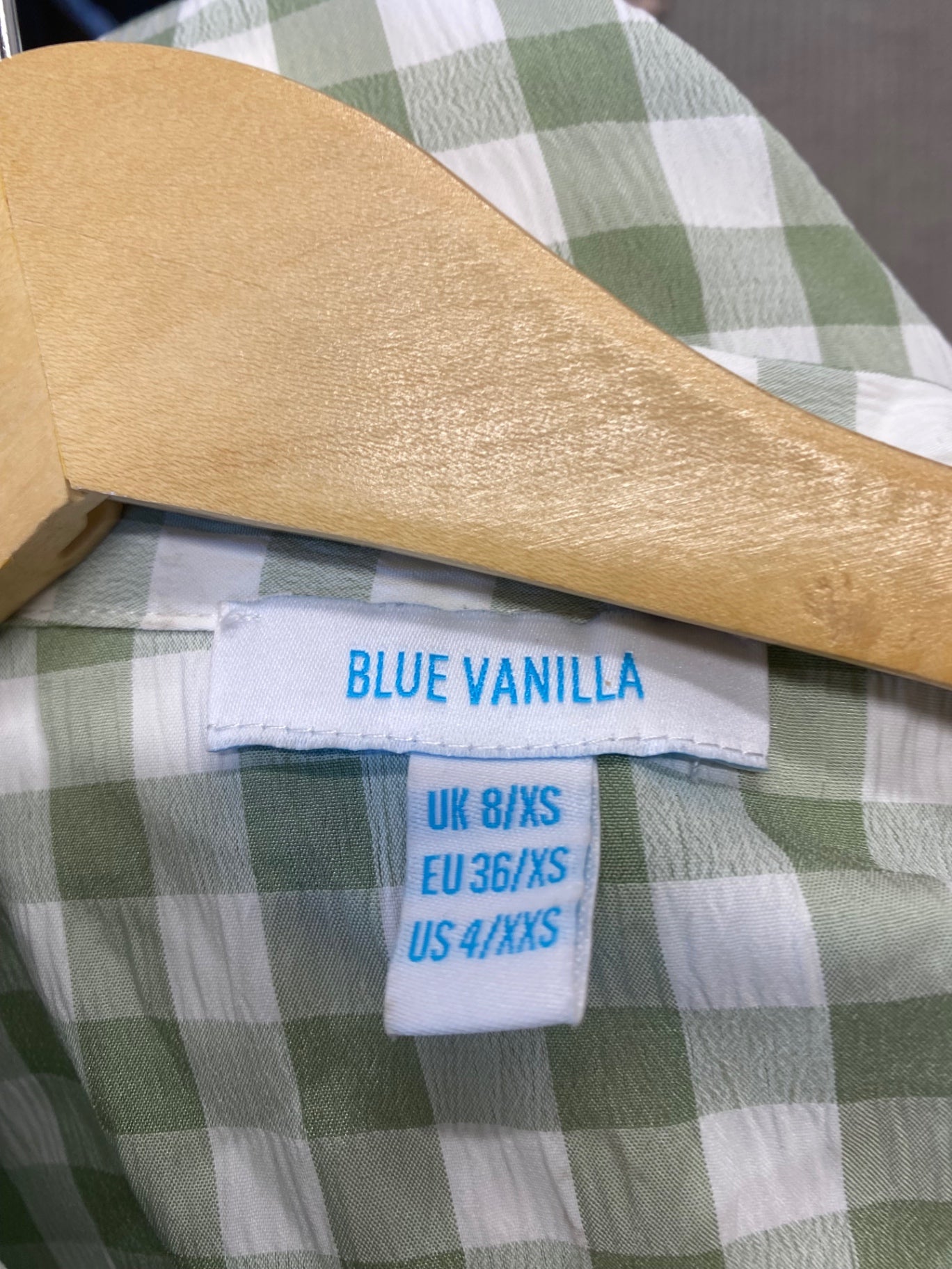 Gorgeous BLUE VANILLA Dress Uk8 Sage Green & white gingham EK001