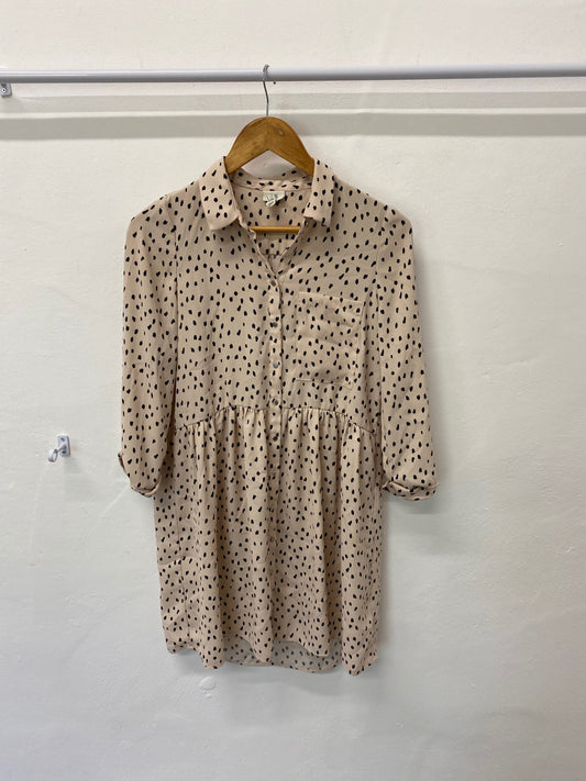 Gorgeous River Island Dress UK6 Beige smock black polka dots EK001