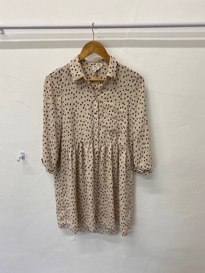 Gorgeous River Island Dress UK6 Beige smock black polka dots EK001