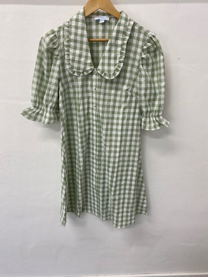Gorgeous BLUE VANILLA Dress Uk8 Sage Green & white gingham EK001