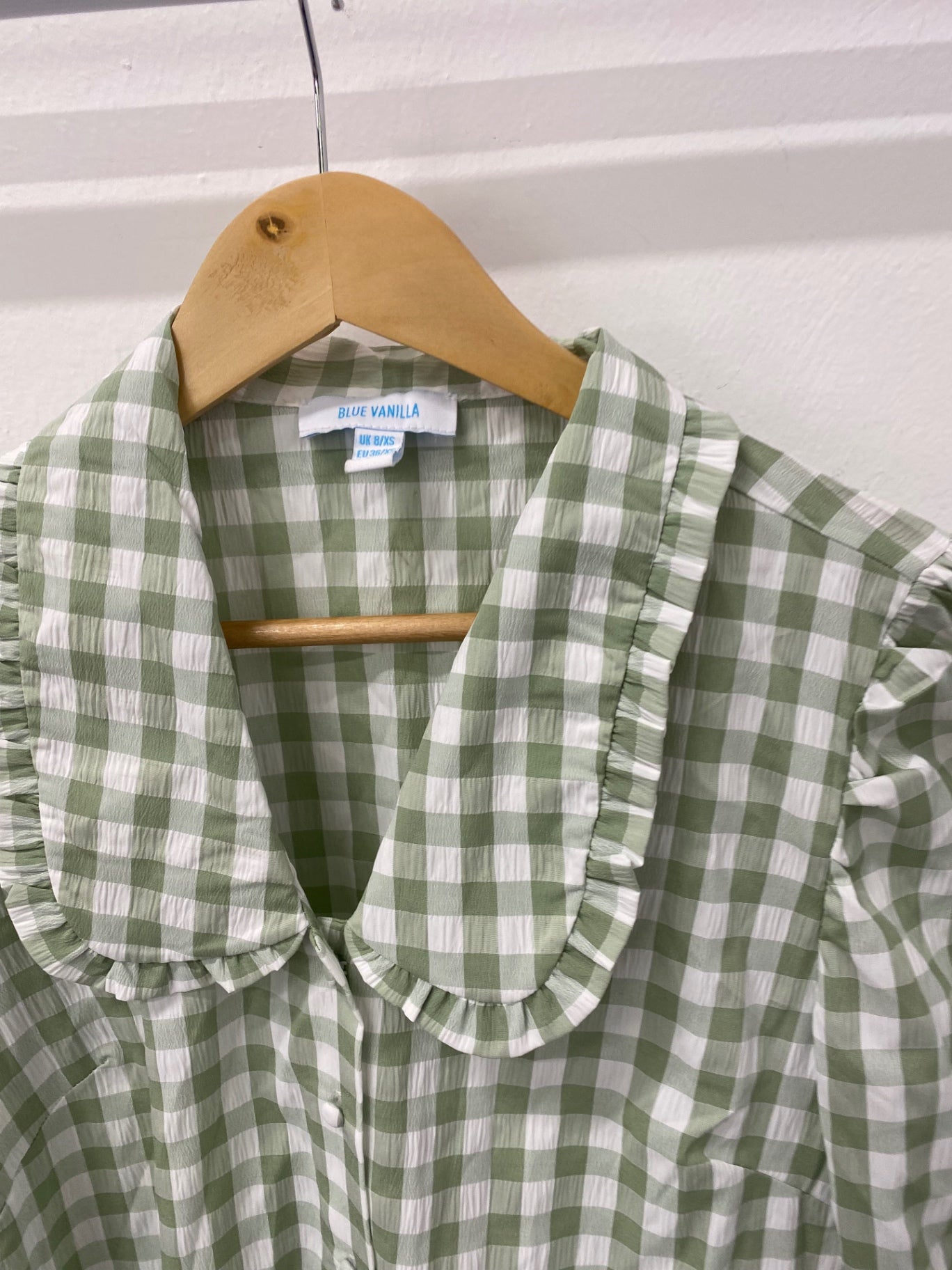 Gorgeous BLUE VANILLA Dress Uk8 Sage Green & white gingham EK001