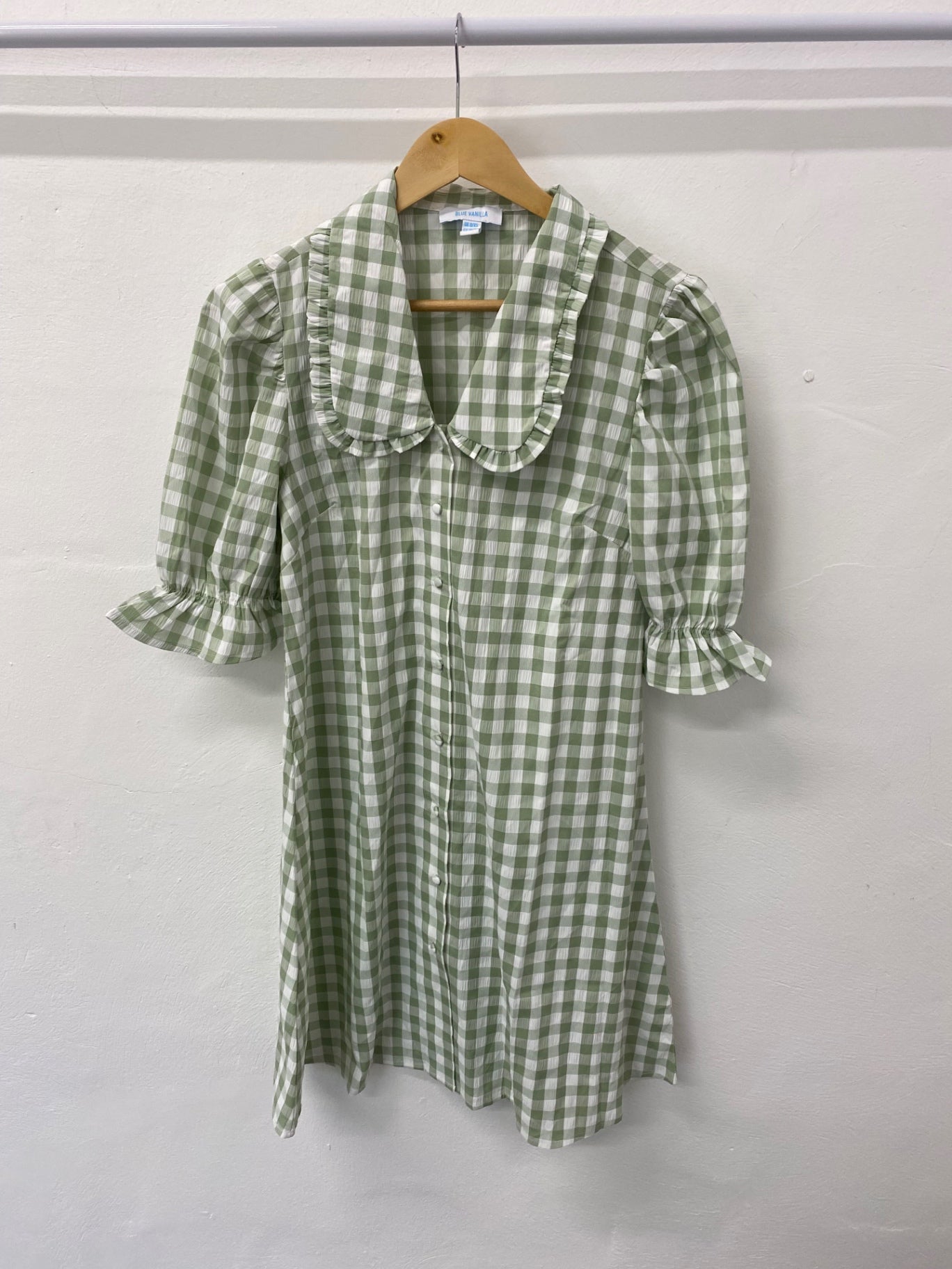 Gorgeous BLUE VANILLA Dress Uk8 Sage Green & white gingham EK001