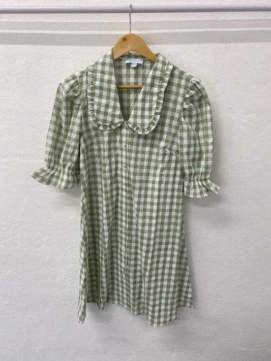 Gorgeous BLUE VANILLA Dress Uk8 Sage Green & white gingham EK001