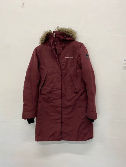 Gorgeous DIDRIKSONS Winter Coat Uk8 Maroon with Faux Fur trim GM003