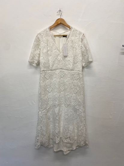 Fabulous French Connection Midi Dress Uk16 White Broderie overlay occasion events BM051