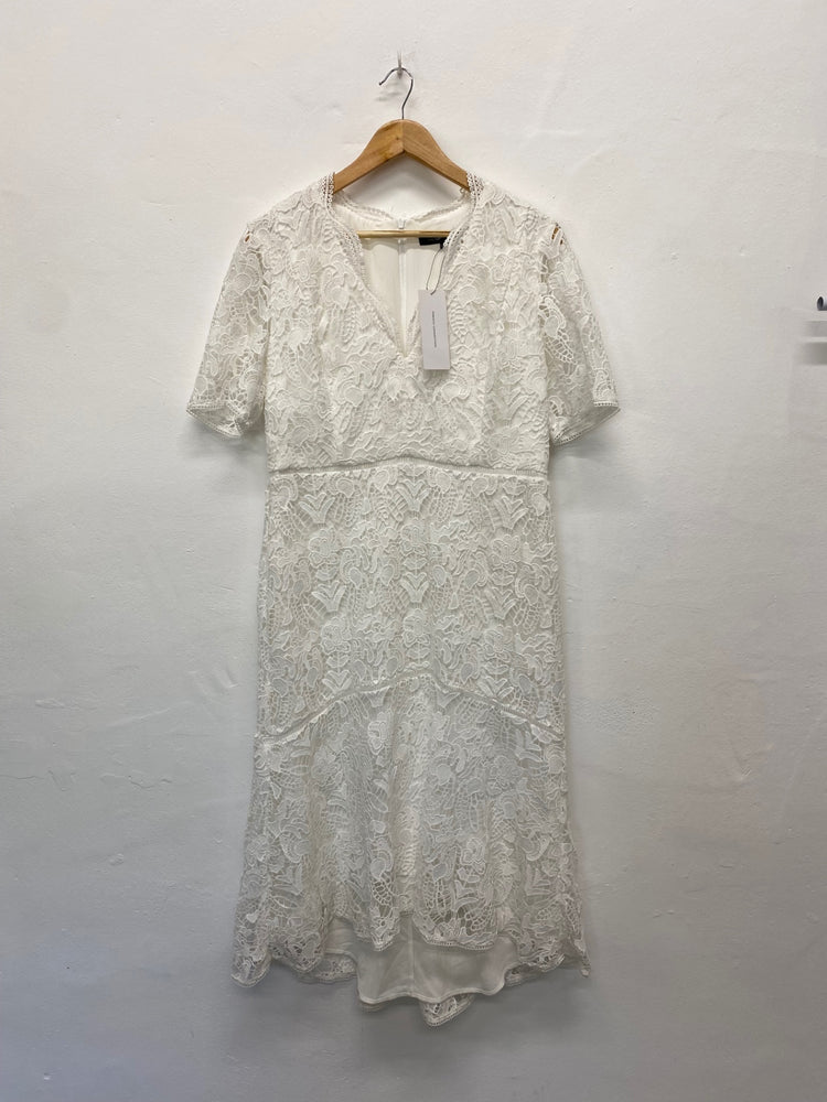 Fabulous French Connection Midi Dress Uk16 White Broderie overlay occasion events BM051