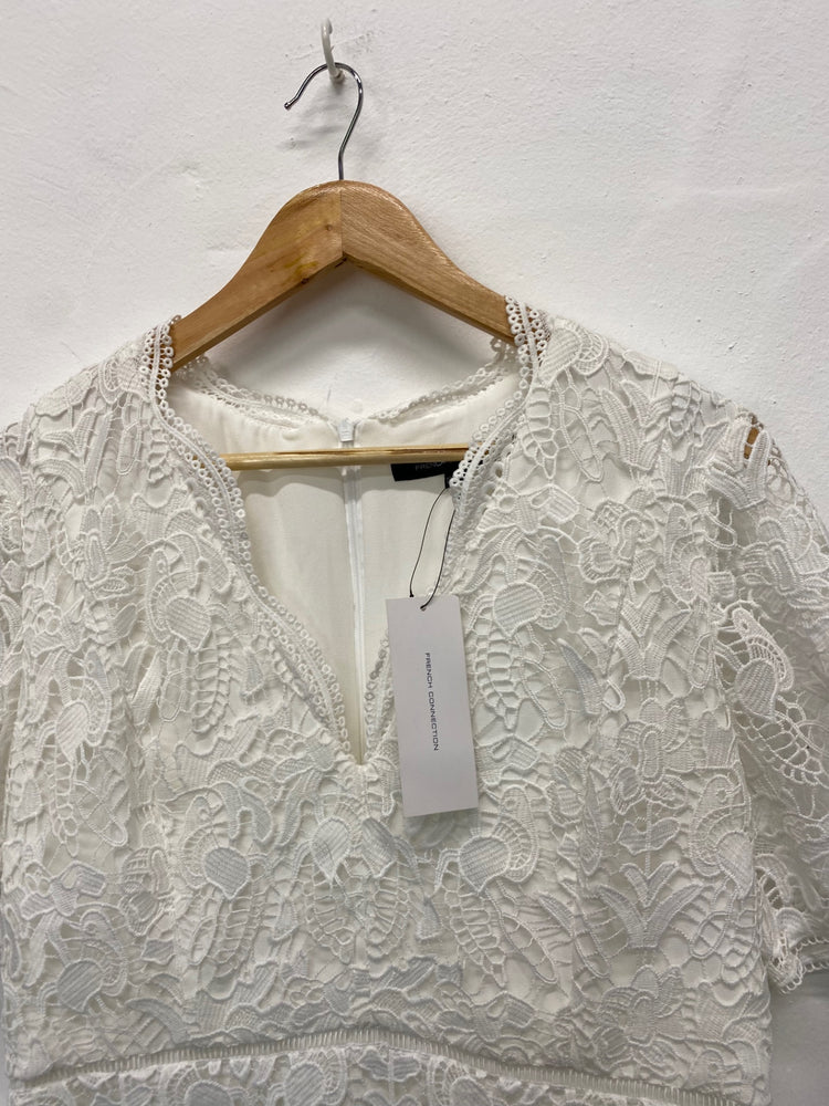 Fabulous French Connection Midi Dress Uk16 White Broderie overlay occasion events BM051