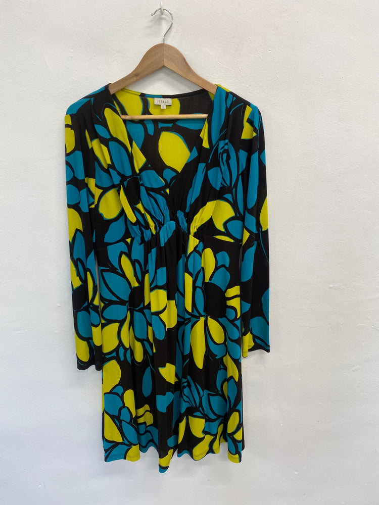 Fabulous Feraud Dress UK L silk blue yellow floral summer FK116