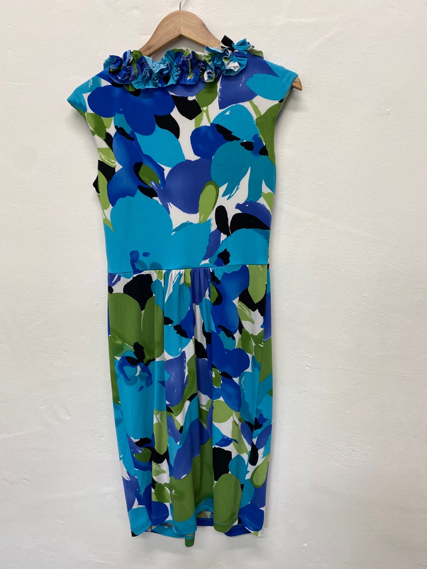 Amazing Maggy London Summer Dress UK6 Turquoise Tropical ruffle AF003