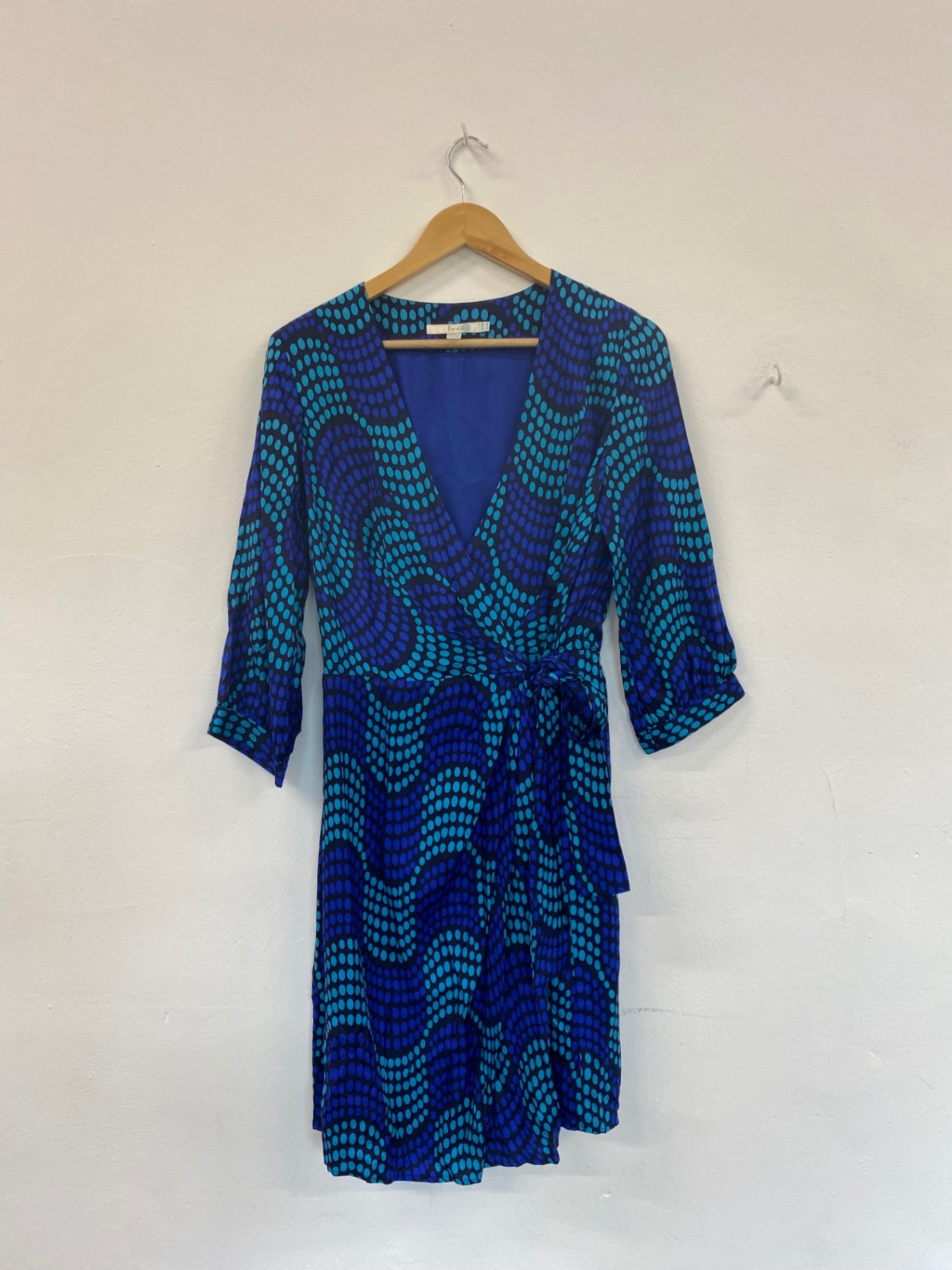 Amazing Boden silk blend spotty Wrap Dress Uk14 Blue Turquoise HT149