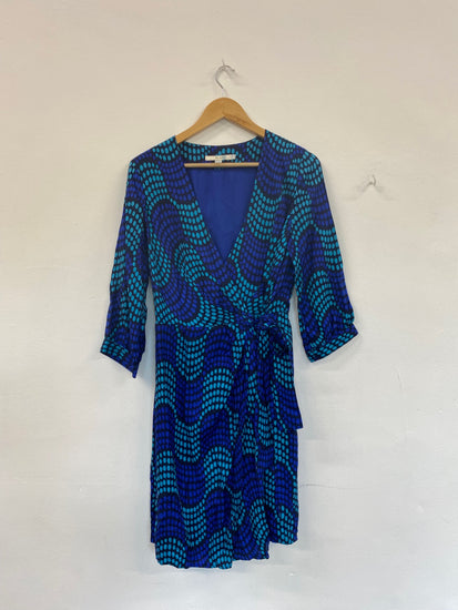 Amazing Boden silk blend spotty Wrap Dress Uk14 Blue Turquoise HT149
