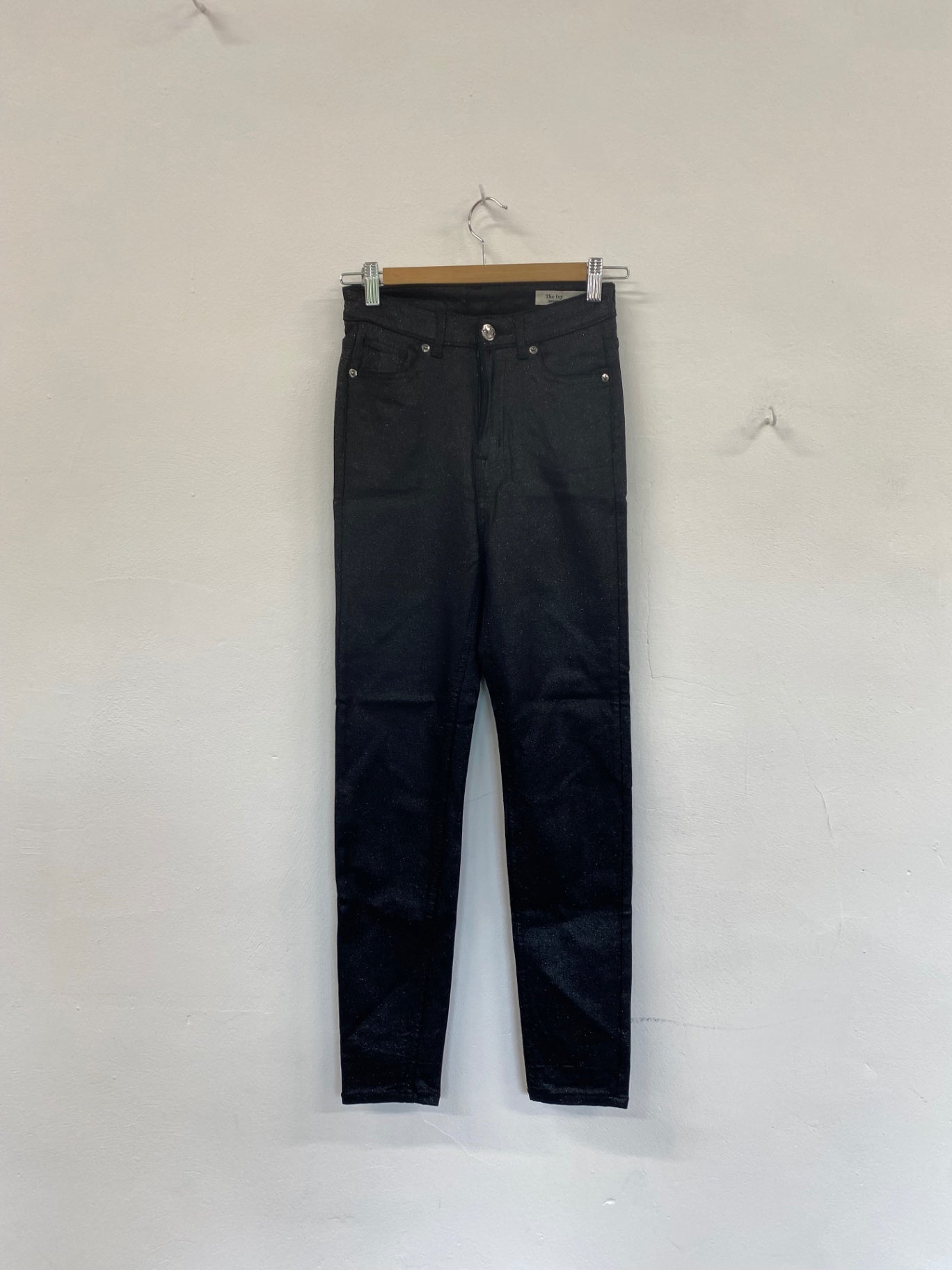 Amazing Marks & Spencers Skinny metallic sparkle  trousers UK8 Black Coated The Ivy HT149
