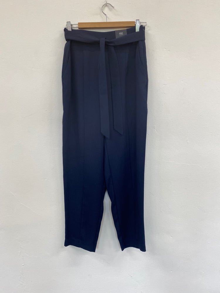 Fabulous M&S Tailored High Rise Tapered trousers UK10 Navy Belted HT149