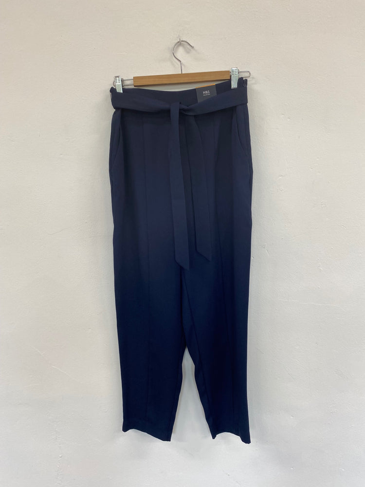 Fabulous M&S Tailored High Rise Tapered trousers UK10 Navy Belted HT149