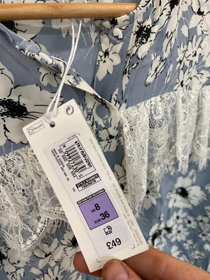 Fabulous M&S x GHOST lace trimmed ornate romantic Blouse UK8 Blue & cream HT149