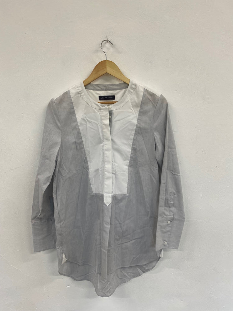 Fabulous M&S Collection striped longline Shirt Uk8 White & Blue grandad collar HT149