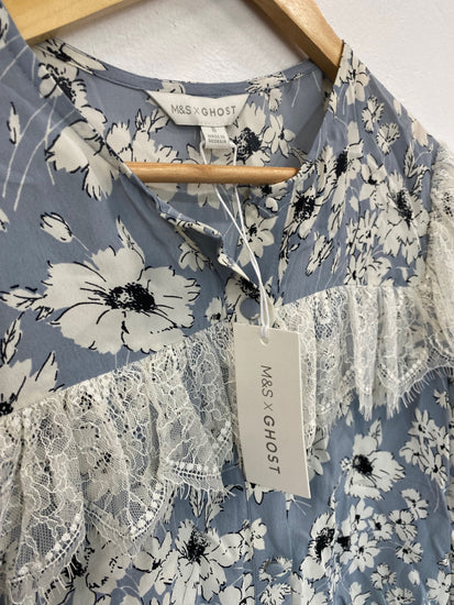 Fabulous M&S x GHOST lace trimmed ornate romantic Blouse UK8 Blue & cream HT149