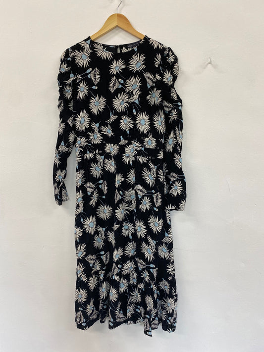 Amazing M&S floral baby blue midi tea Dress UK10 Black HT149