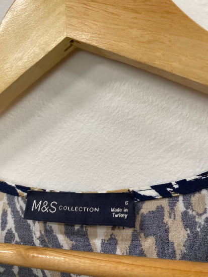 Amazing M&S animal print midi tea Dress UK6 Navy Beige amazing cuffs HT149